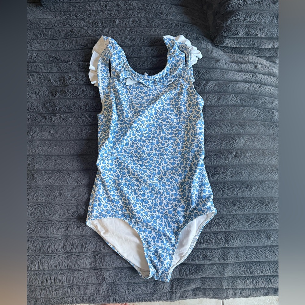 Girls' Blue Floral Ruffle Shoulder One-Piece Bodysuit